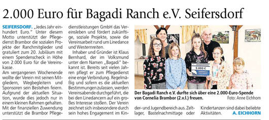 Brambor Pflegedienst Presse Spende Döbelner Anzeiger Bagadi Ranch Verein Seifersdorf Sachsensonntag
