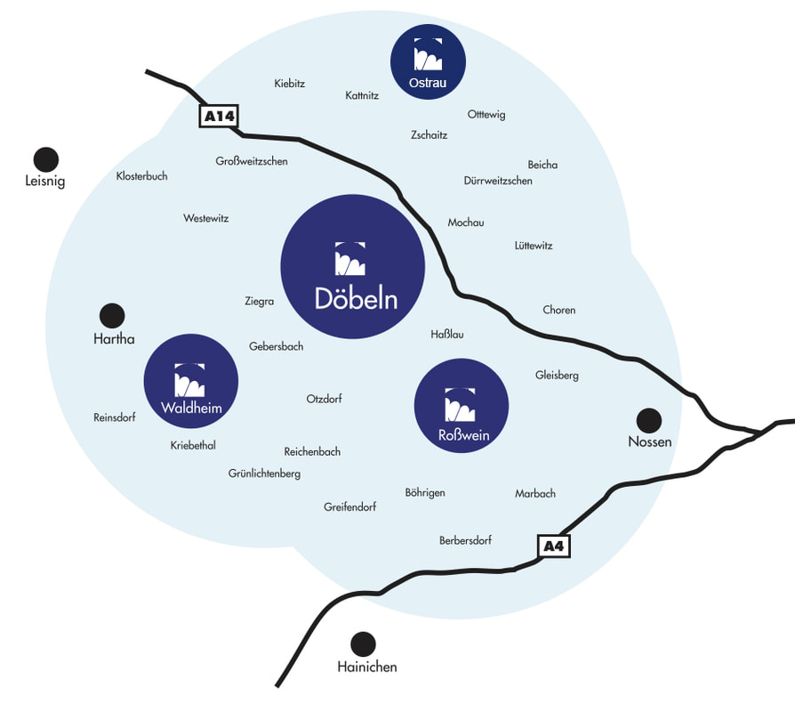 Karte des Einzugsgebiets mit den Standorten Döbeln, Roßwein, Waldheim und Ostrau und den umliegenden Orten zwischen A14 und A4